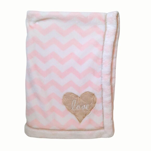 2017 Lambs & Ivy Heart Love Pink White Chevron Lovey Security Blanket 29" X 40"